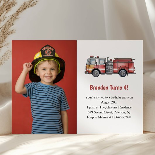 Invitation Cute Boy Firefighter Photo Kids 4th Birthday Party