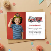 Invitation Cute Boy Firefighter Photo Kids 5th Birthday Party
