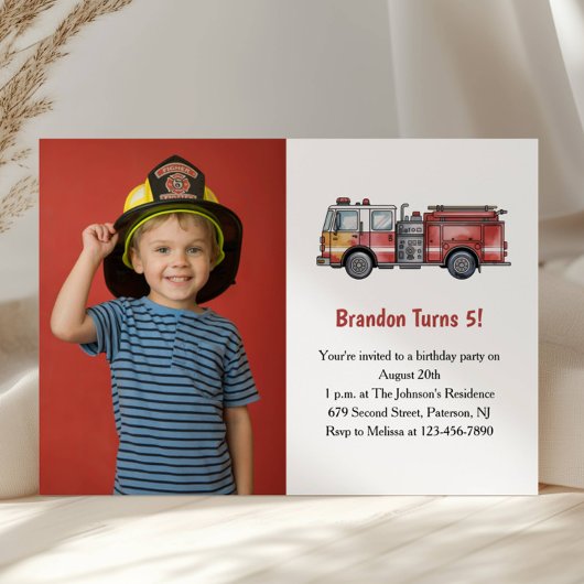 Invitation Cute Boy Firefighter Photo Kids 5th Birthday Party
