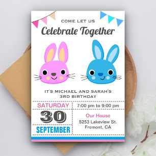 Invitation Cute Boy Girl Bunny Twin Anniversaire Fête Invitat
