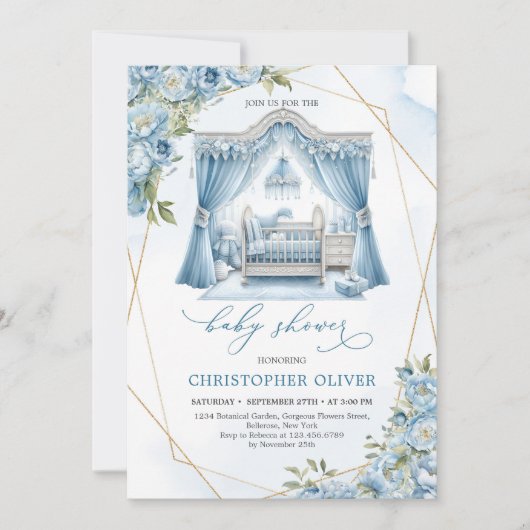 Invitation Cute boy nook with baby crib dusty blue flowers (Devant)