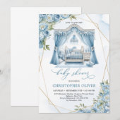 Invitation Cute boy nook with baby crib dusty blue flowers (Devant / Derrière)