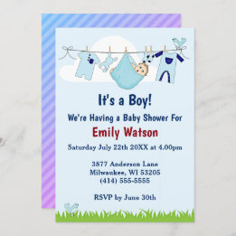 Invitation Cute Boy sur Clothesline Boho Baby shower