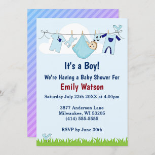 Invitation Cute Boy sur Clothesline Boho Baby shower