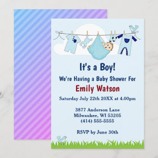 Invitation Cute Boy sur Clothesline Boho Baby shower