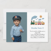 Invitation Cute Boy Train Photo Kids 1st Birthday Party (Devant)