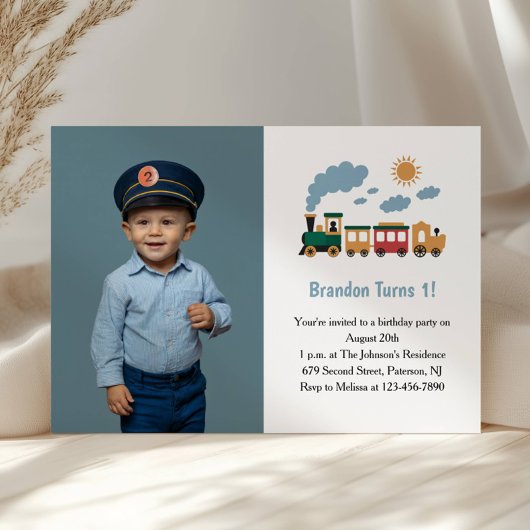 Invitation Cute Boy Train Photo Kids 1st Birthday Party