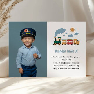 Invitation Cute Boy Train Photo Kids 3rd Birthday Party