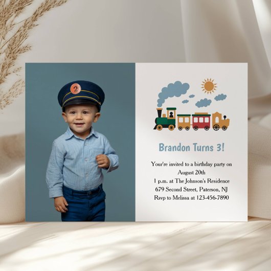 Invitation Cute Boy Train Photo Kids 3rd Birthday Party
