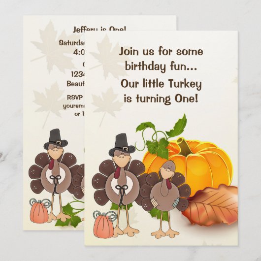 Invitation Cute Boy Turkey Thanksgiving 1er anniversaire (Devant / Derrière)
