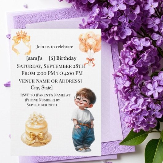 Invitation Cute Boy with Glasses 5th Birthday Party Invitatio