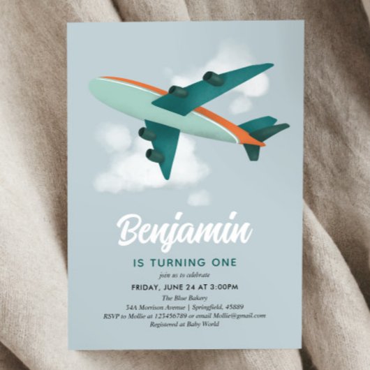 Invitation Cute Boys Blue Airplane Voyage 1er Anniversaire