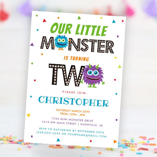 Invitation Cute Boys Blue Monster 2e fête d'anniversaire