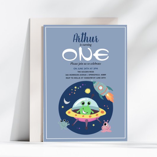 Invitation Cute Boys Blue Space Alien Galaxy 1er anniversaire