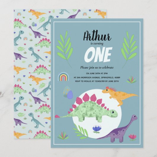 Invitation Cute Boys Blue T-Rex Dinosaur Jungle 1er anniversa (Devant / Derrière)