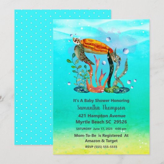 Invitation Cute Boys Underwater Sea Turtle Baby shower (Devant / Derrière)