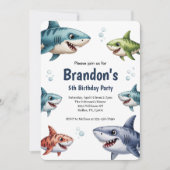Invitation Cute Boys Watercolor Shark 5th Birthday Party (Devant)