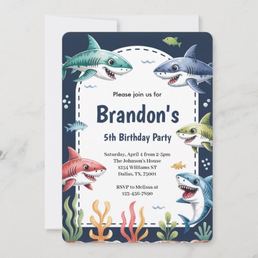 Invitation Cute Boys Watercolor Shark Birthday Party (Devant)