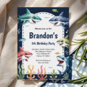 Invitation Cute Boys Watercolor Shark Birthday Party