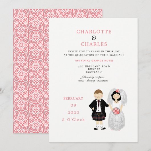 Invitation Cute Bride et Groom Mariage écossais thème (Devant / Derrière)