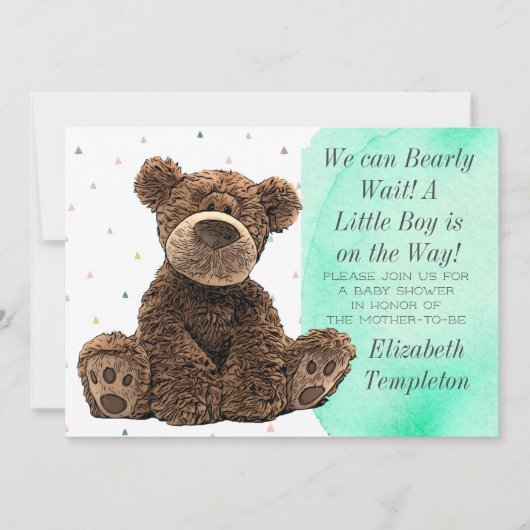 Invitation Cute Brown Ours C'est un garçon Turquoise Baby sho (Devant)