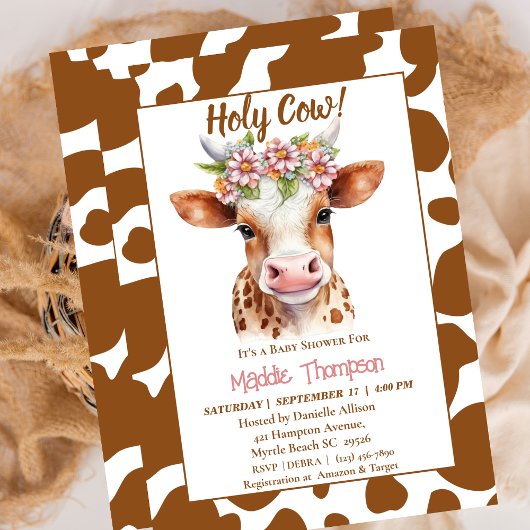 Invitation Cute Brown Vache Floral Farm Baby shower à thème