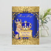 Invitation Cute Brunette Baby shower Garçon Regal Royal Blue (Debout devant)