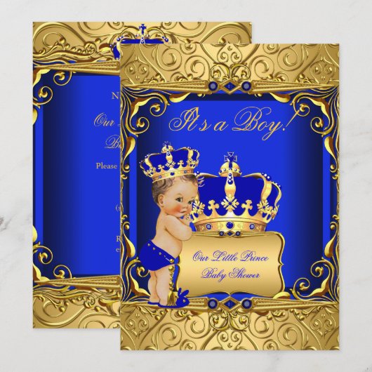 Invitation Cute Brunette Baby shower Garçon Regal Royal Blue (Devant / Derrière)