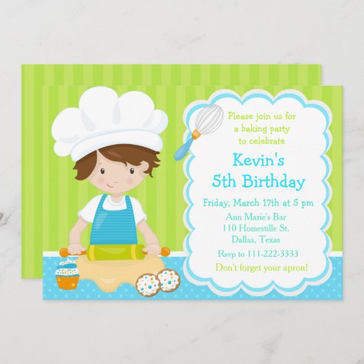 Invitation Cute Brunette Boy Baking Anniversaire (Devant / Derrière)