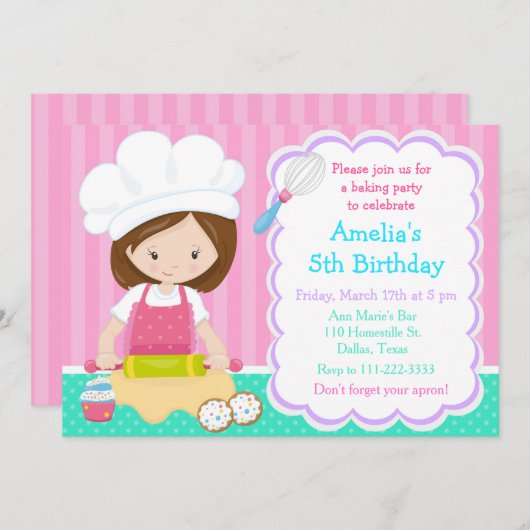 Invitation Cute Brunette Fille Baking Anniversaire (Devant / Derrière)