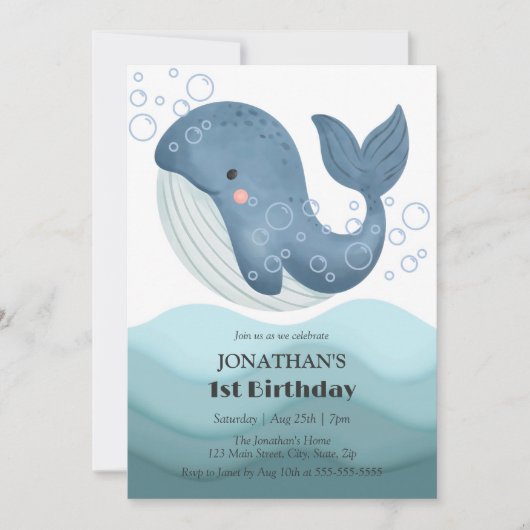 Invitation Cute Bubble Whale Ocean Wave Anniversaire (Devant)