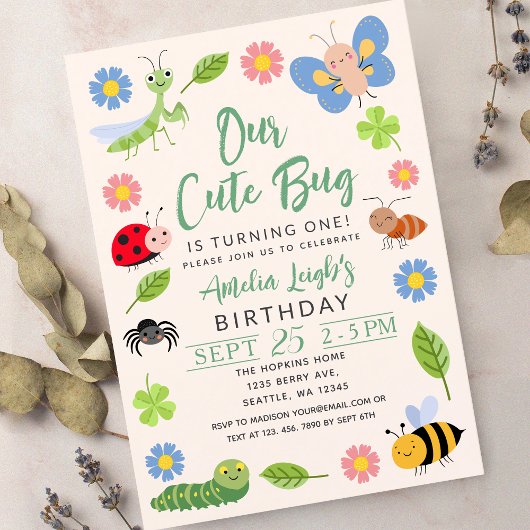 Invitation Cute Bug Ladybug Buttefly Kids 1st Birthday Party