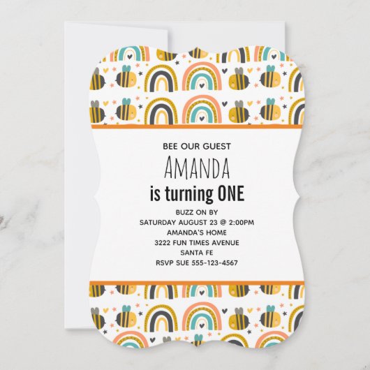 Invitation Cute Bumble Bee et Rainbows Motif Anniversaire (Devant)
