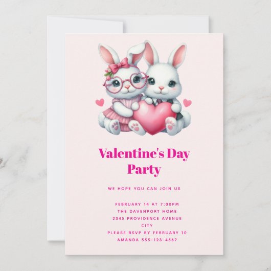 Invitation Cute Bunnies Sharing a Heart Valentine's Party (Devant)