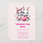Invitation Cute Bunnies Sharing a Heart Valentine's Party (Devant / Derrière)