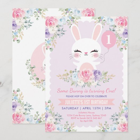 Invitation Cute Bunny 1er anniversaire Printemps Floral Rabbi (Devant / Derrière)
