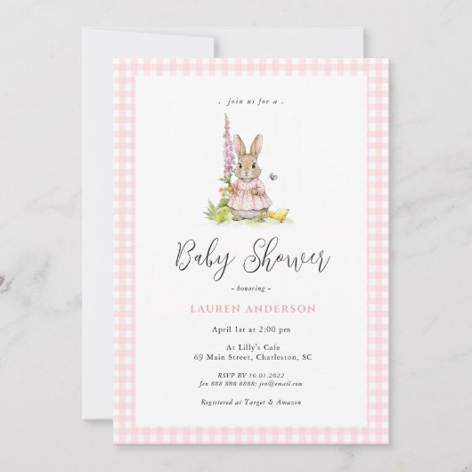 Invitation Cute  Bunny Blue Baby Girl Shower  (Devant)