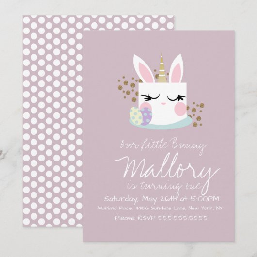 Invitation Cute Bunny Cake Unicorn Pâques 1er anniversaire fê (Devant / Derrière)