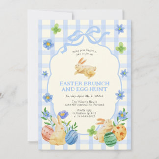 Invitation Cute Bunny Easter Brunch & Egg Hunt Blue Checkered