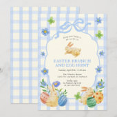 Invitation Cute Bunny Easter Brunch & Egg Hunt Blue Checkered (Devant / Derrière)