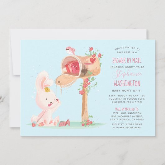 Invitation Cute Bunny Longue Distance Bébé Fille Douche Par M (Devant)