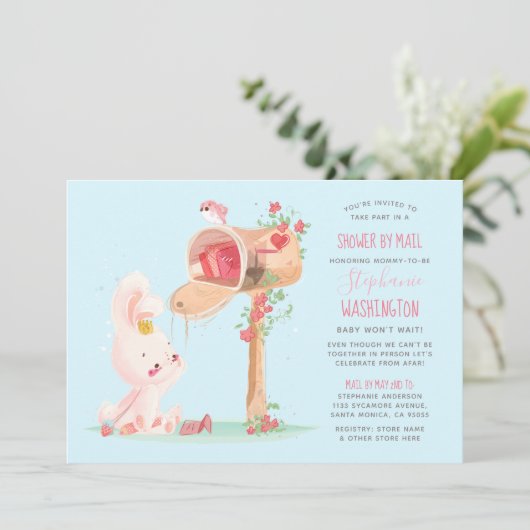 Invitation Cute Bunny Longue Distance Bébé Fille Douche Par M (Debout devant)