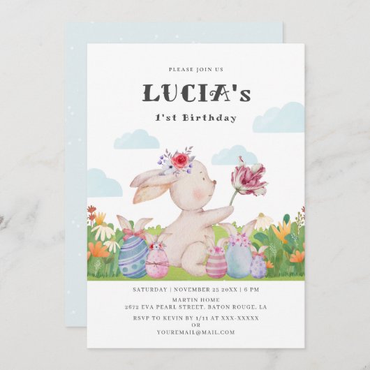 Invitation Cute Bunny Nuageux Bleu 1er anniversaire Invitatio (Devant / Derrière)