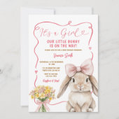 Invitation Cute Bunny pink bow coquette baby shower floral (Devant)