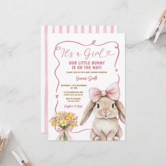 Invitation Cute Bunny pink bow coquette baby shower floral (Devant/Arrière en situation)