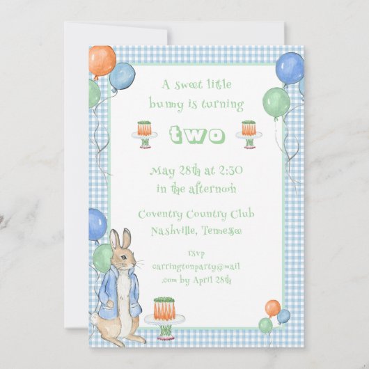 Invitation Cute Bunny Rabbit Vert 2e fête d'anniversaire (Dos)