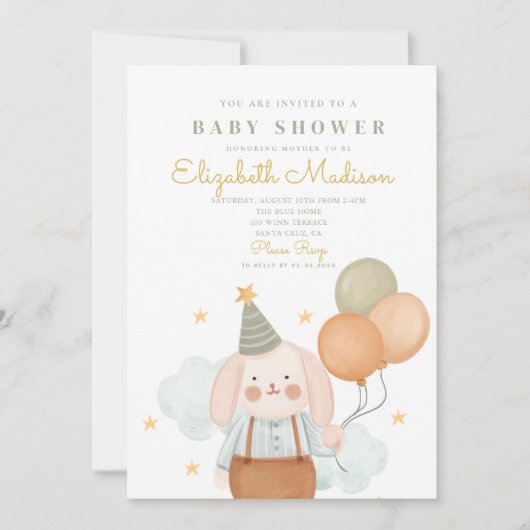 Invitation Cute Bunny rose & Baloons Baby shower Cloud (Devant)
