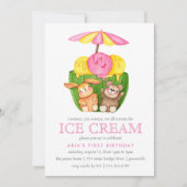 Invitation Cute Bunny Teddy Bear Crème de glace 1ère fête d'a (Devant)