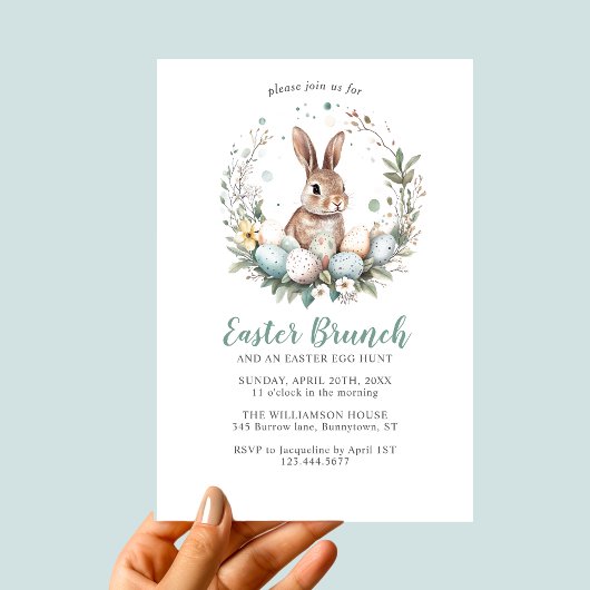 Invitation Cute Bunny Wreath Pâques Brunch Chasse aux oeufs