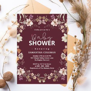 Invitation Cute Burgundy Boho Fleur sauvage Baby shower moder